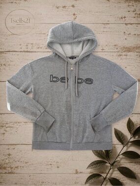 Bebe Vintage Y2K Grey Cotton Blend Zip-Up Hoodie with Thumb Holes - Size M